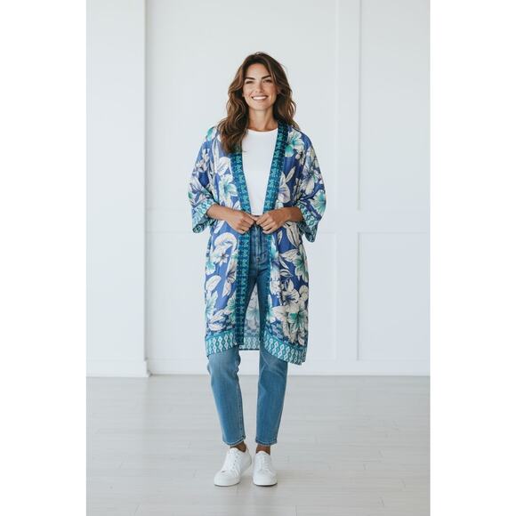 Susan Graver Plus Size 2X Blue White Floral Pattern Open Front Longline - Picture 1 of 8